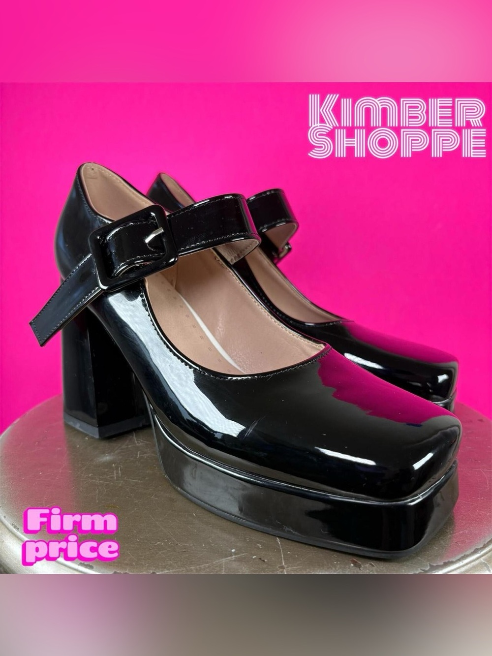 Black Patent Leather Square Toe Block Heel Platform Mary Jane Pump US 8 UK 6